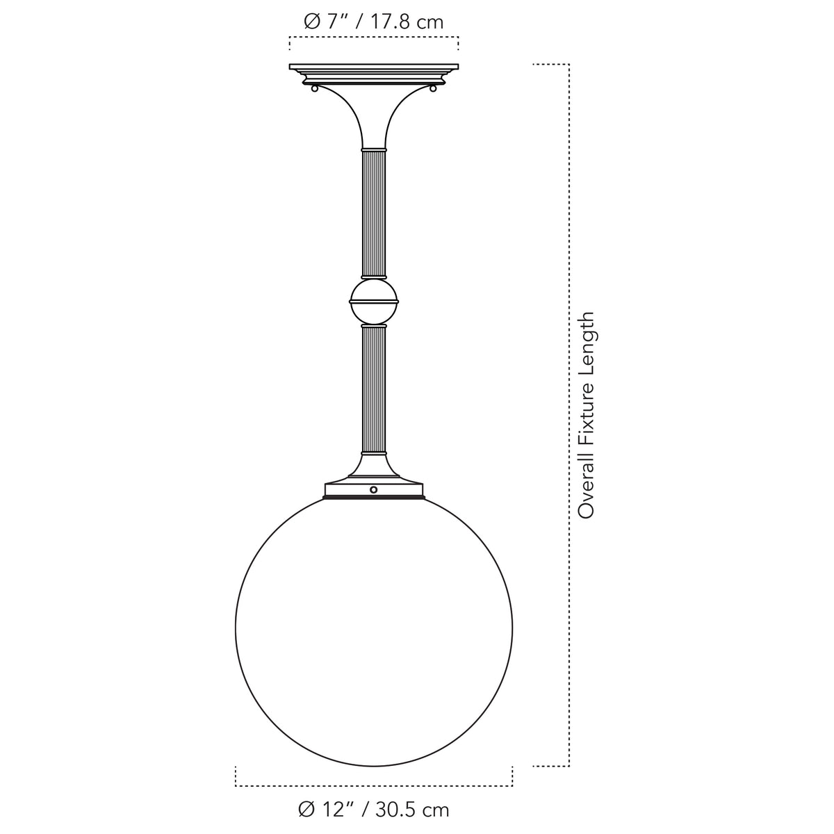 Cedar & Moss Sorbonne Pendant with 12" globe shade drawing with dimensions
