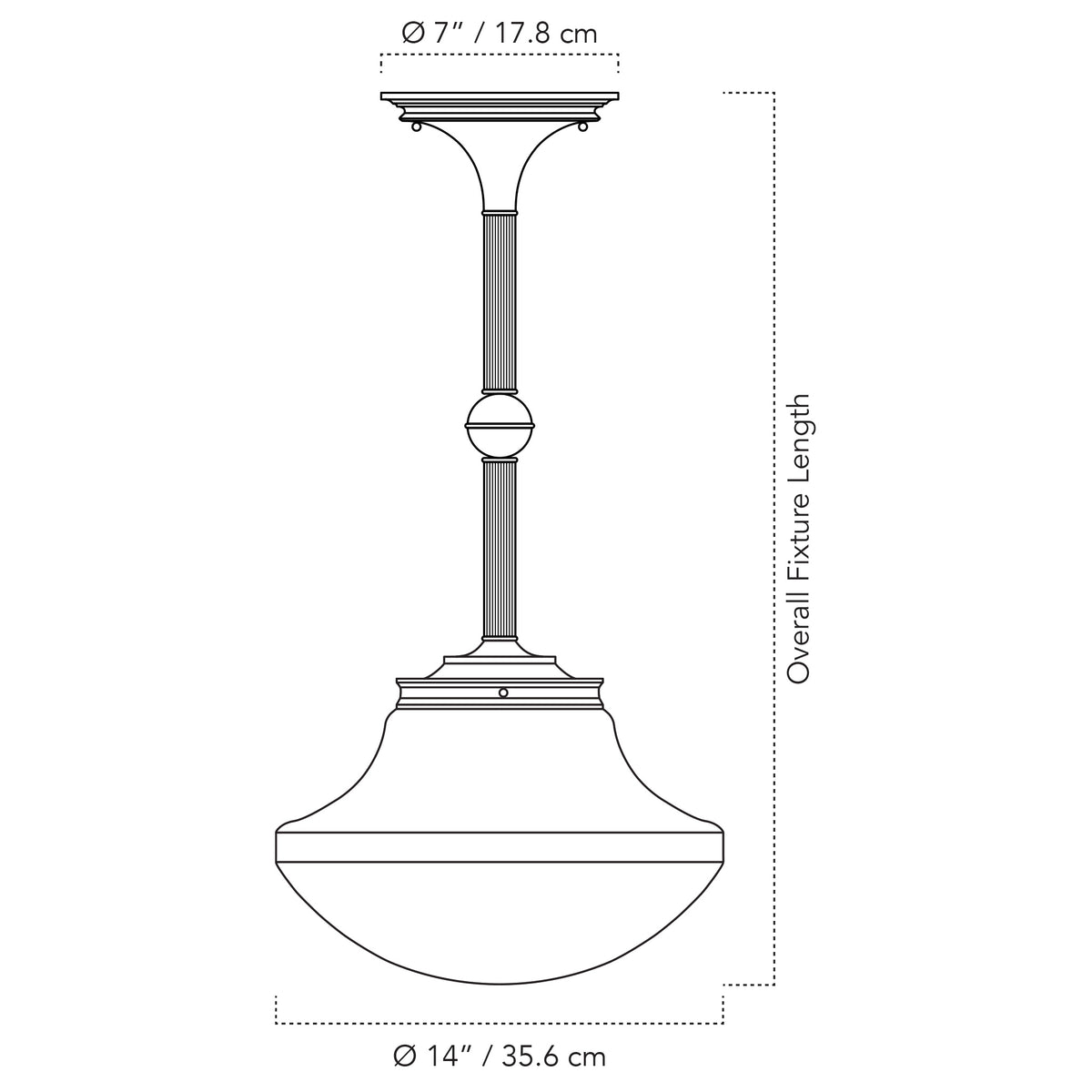 Cedar & Moss Sorbonne Pendant with 14" tulip shade drawing with dimensions