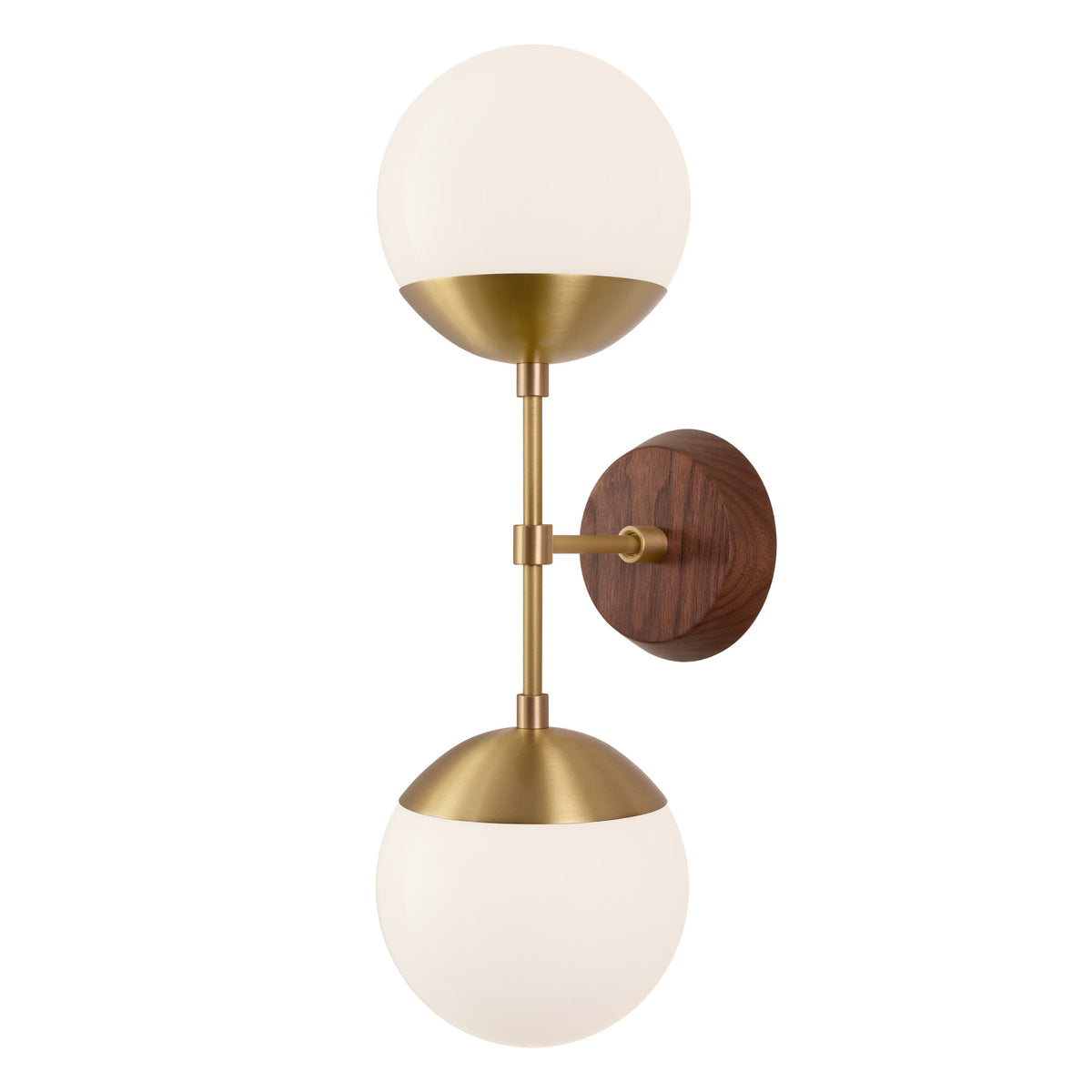 Theo shown in Heirloom Brass and a Walnut Wood Canopy