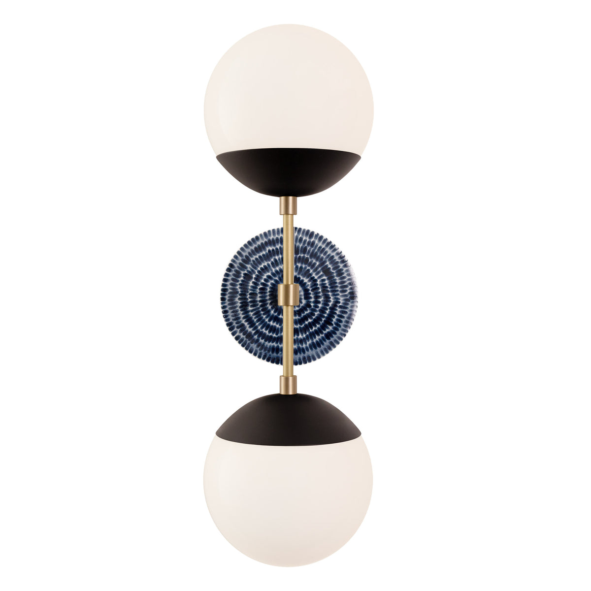 Theo shown in Matte Black with Brass and an Indigo Blue Sunflower Ceramic Canopy