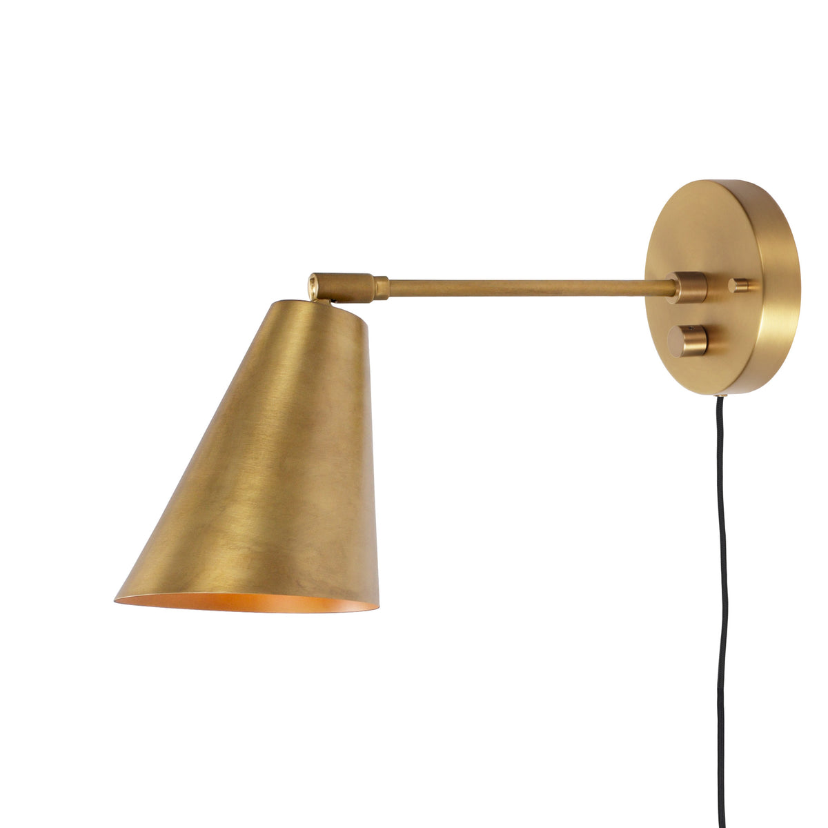 Tilt Cone shown in Heirloom Brass with a 6" arm, Dimmer Switch and Black Cord
