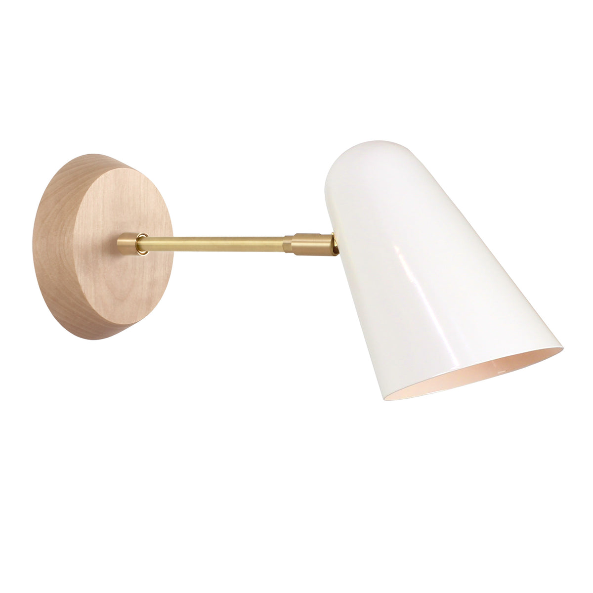 Wildwood shown in Brass with a White Cone and a Maple Wood Canopy