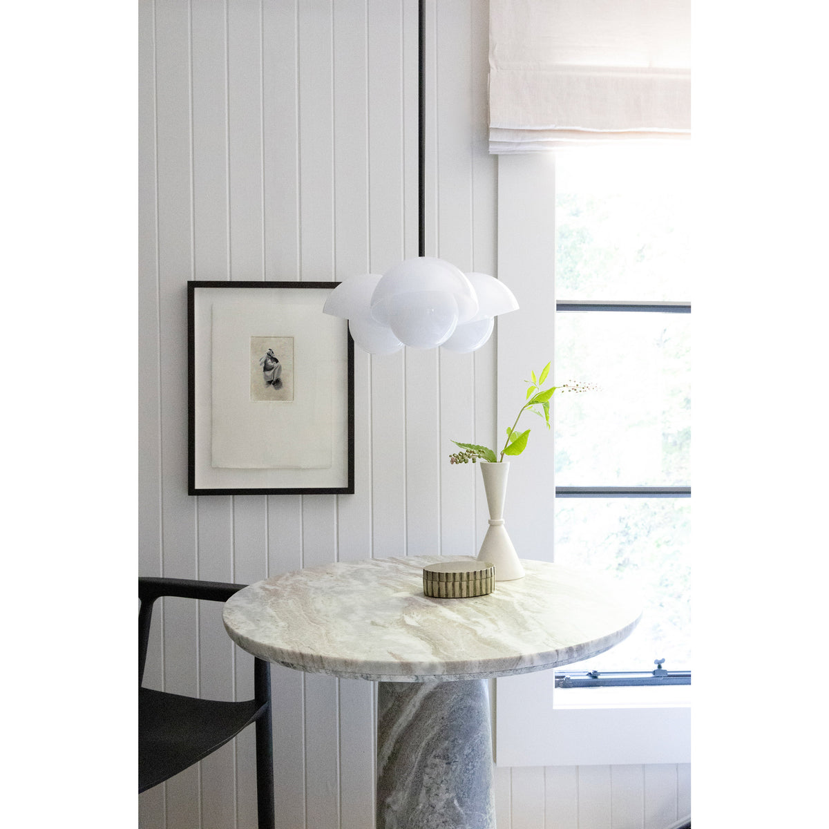 Noor 3 Pendant shown in Matte Black with White Opal Acrylic