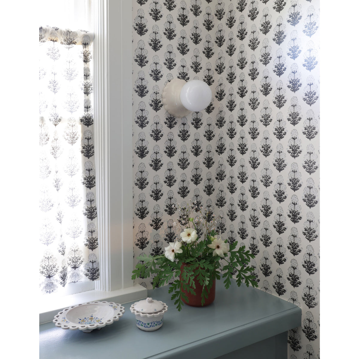 Juliette Sconce with Marigold wallpaper and fabric from Filling Spaces 