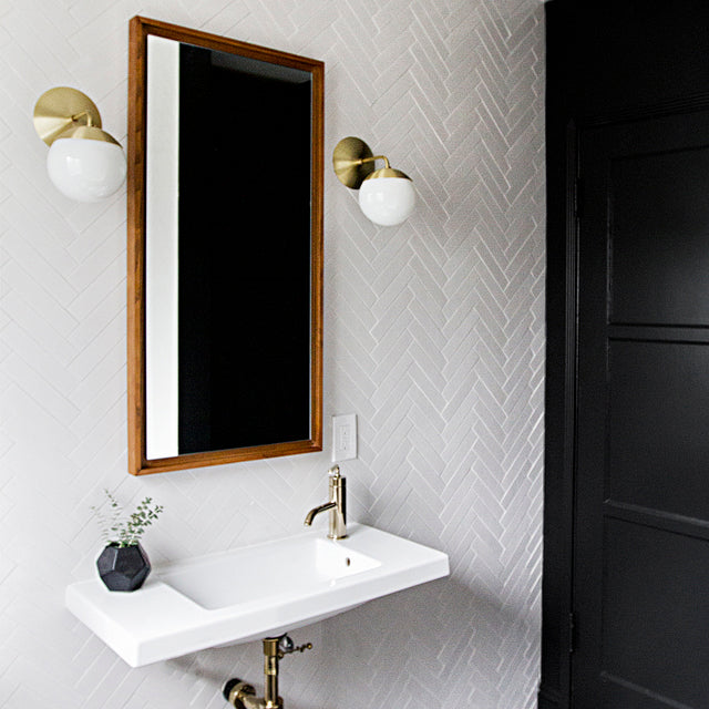 Alto Sconce 6" shown in Brass with an Opal 6" globe. Interiors by Sarah Sherman Samuel