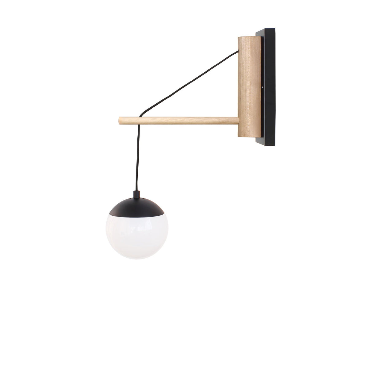 Alto 14" Wood Arm Sconce shown in Matte Black with Birch, a 6" Opal globe, and a Black Hardwired Cord