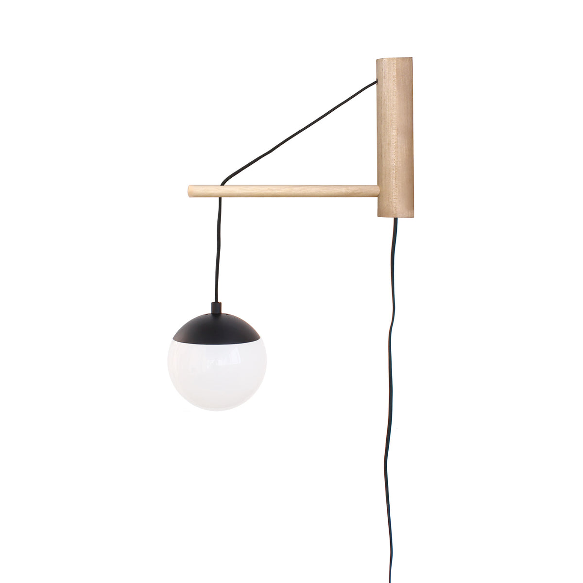 Alto 14" Wood Arm Sconce shown in Matte Black with Birch, a 6" Opal globe, and a Black Plug-in Cord