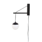 Alto 14" Wood Arm Sconce shown in Matte Black with a Black Stained Wood Finish, a 6" Opal globe, and a Black Plug-in Cord
