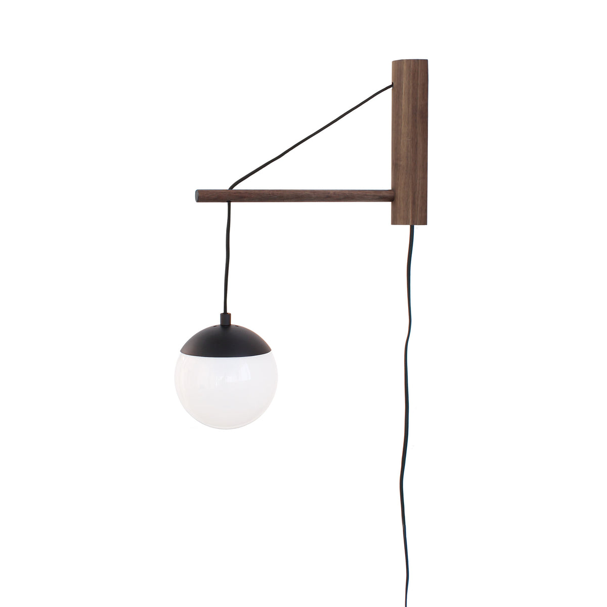 Alto 14" Wood Arm Sconce shown in Matte Black with Walnut, a 6" Opal globe, and a Black Plug-in Cord