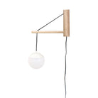 Alto 14" Wood Arm Sconce shown in White with Birch, a 6" Opal globe, and a Black Plug-in Cord