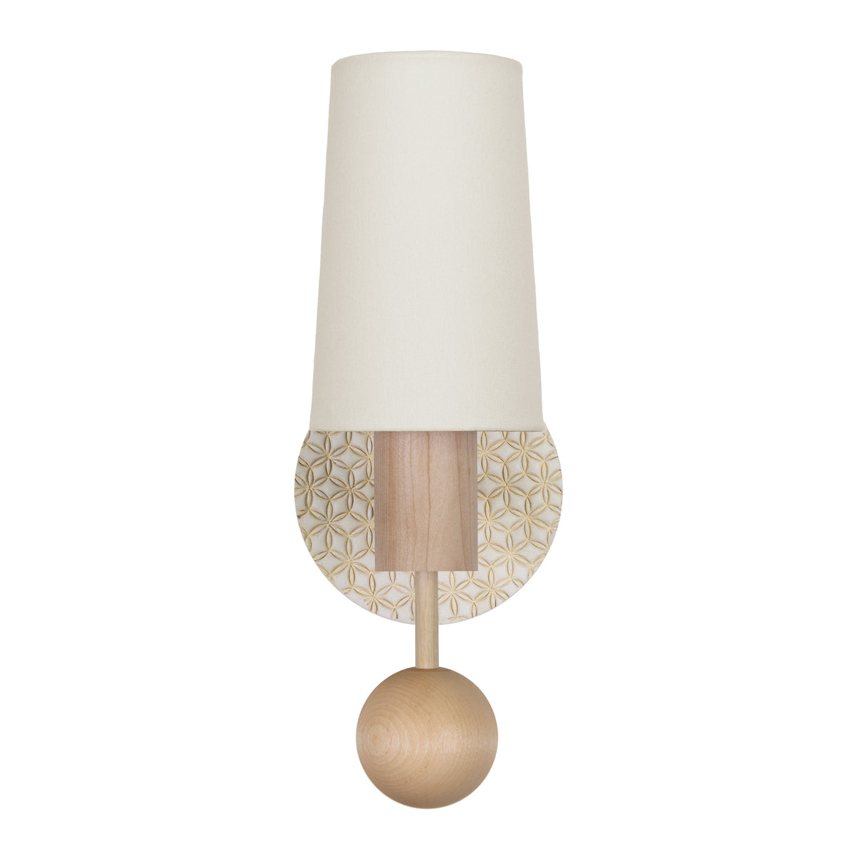Amherst sconce shown in Maple with Natural White and Cream Quilted Ceramic