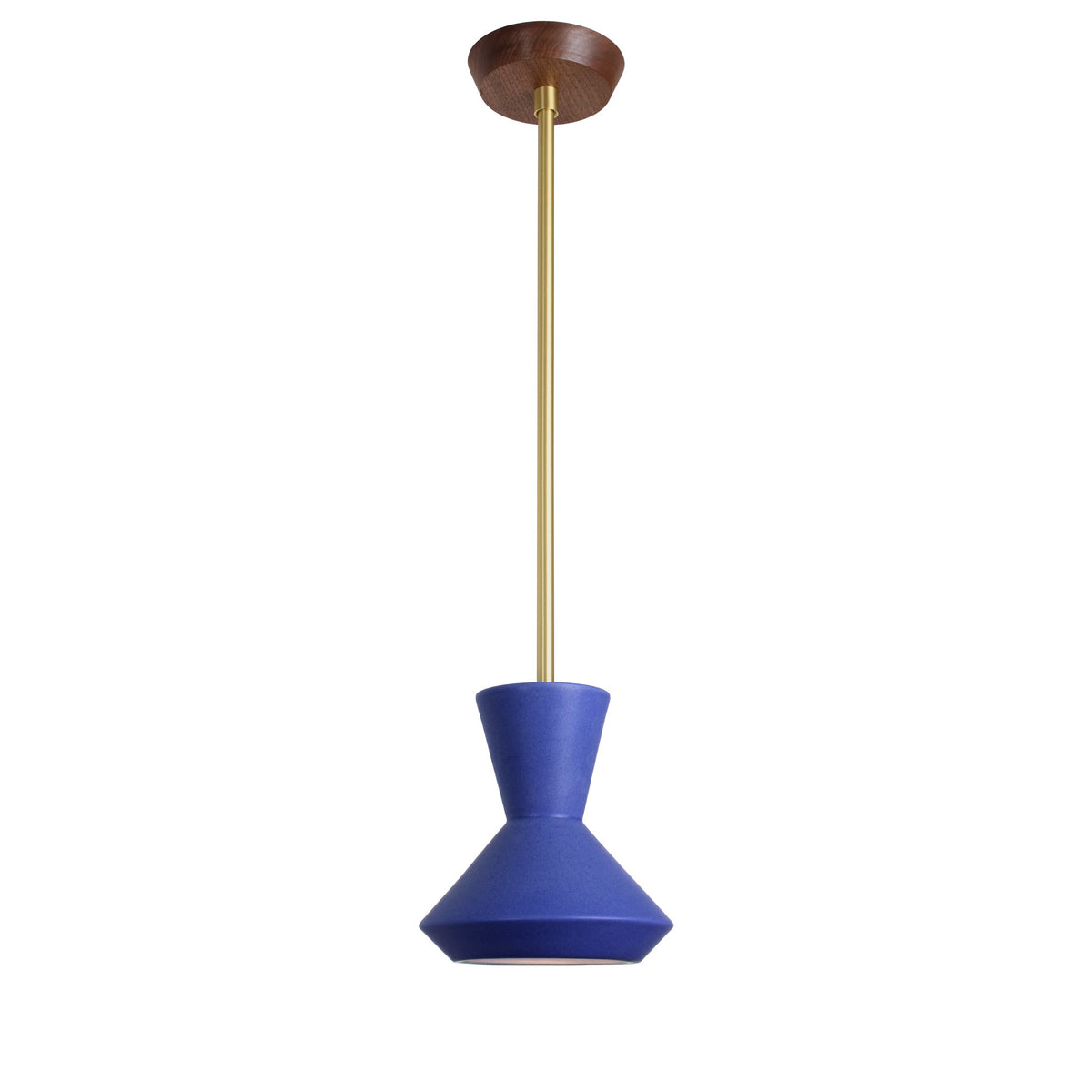 Bobbie Rod Pendant shown in Cobalt Blue Glaze Ceramic with a Brass Metal finish and a Walnut Canopy