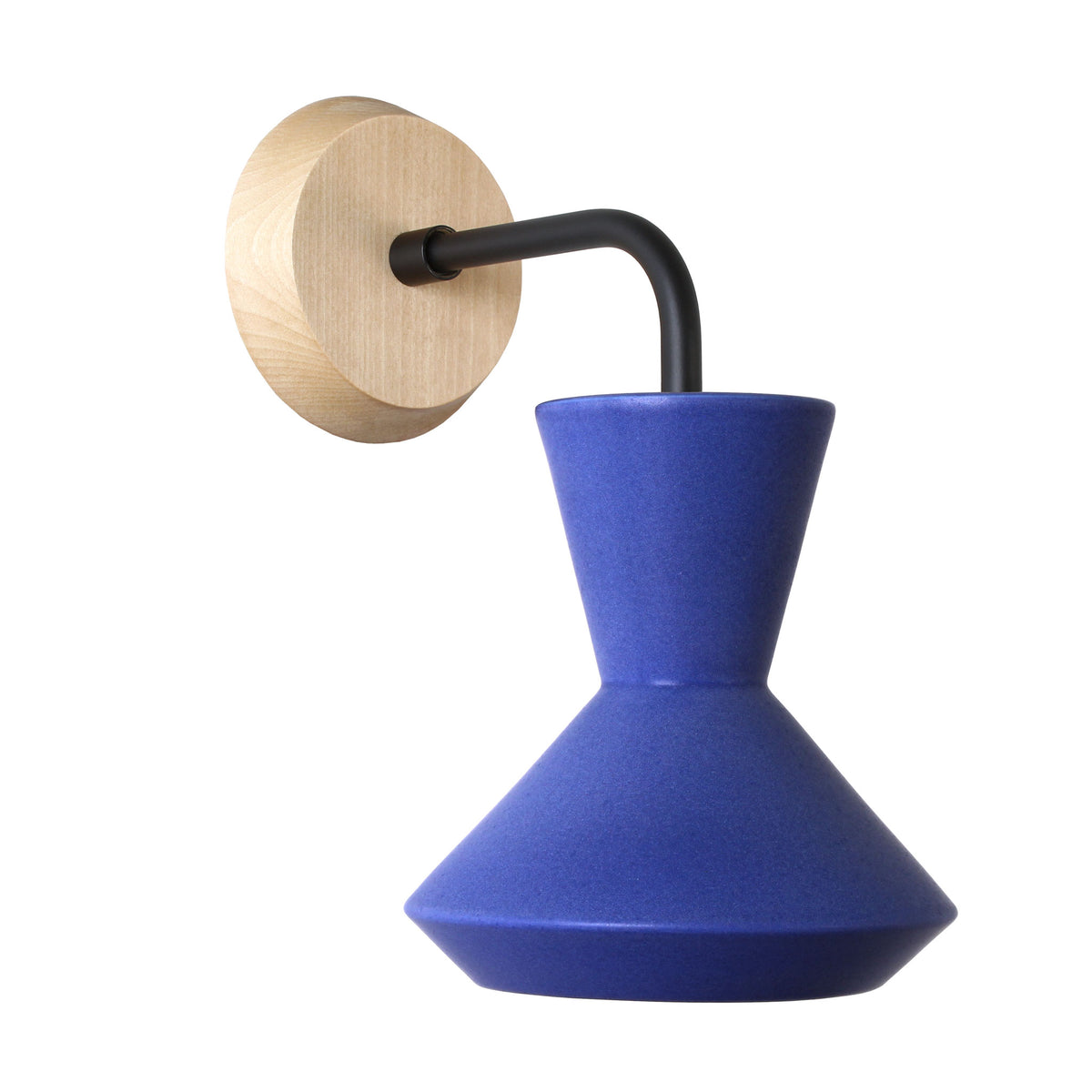 Bobbie Sconce shown in Cobalt Blue Glaze with Matte Black Metal and Maple Canopy