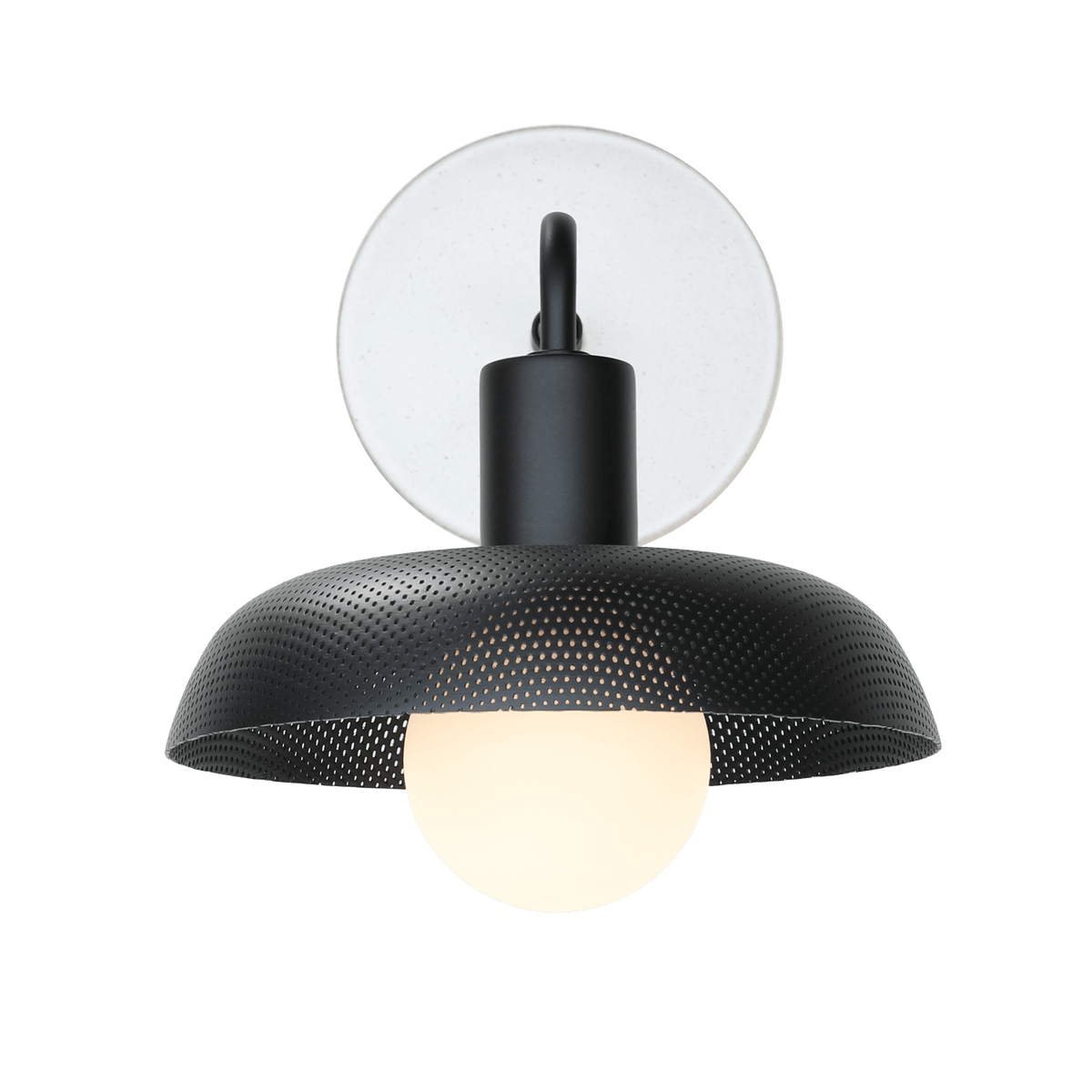 Sally Sconce shown with Matte Black perforated shade, Matte Black accent finish, and Brownstone White Swift ceramic canopy