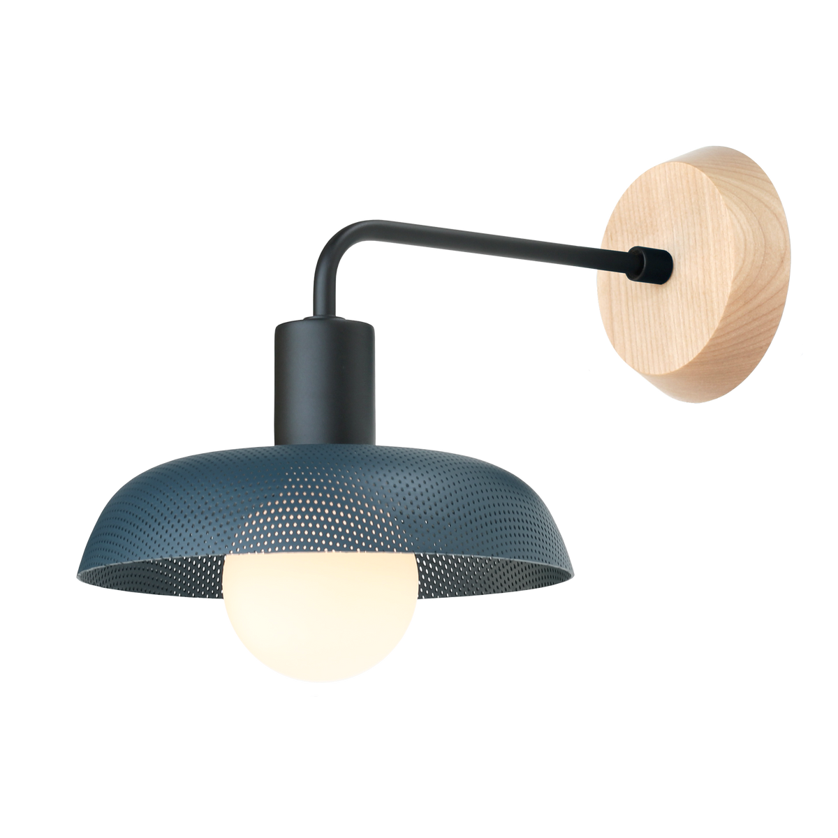 Sally Sconce with Wood Canopy shown in Ocean Blue with Matte Black fixture finish and Maple canopy