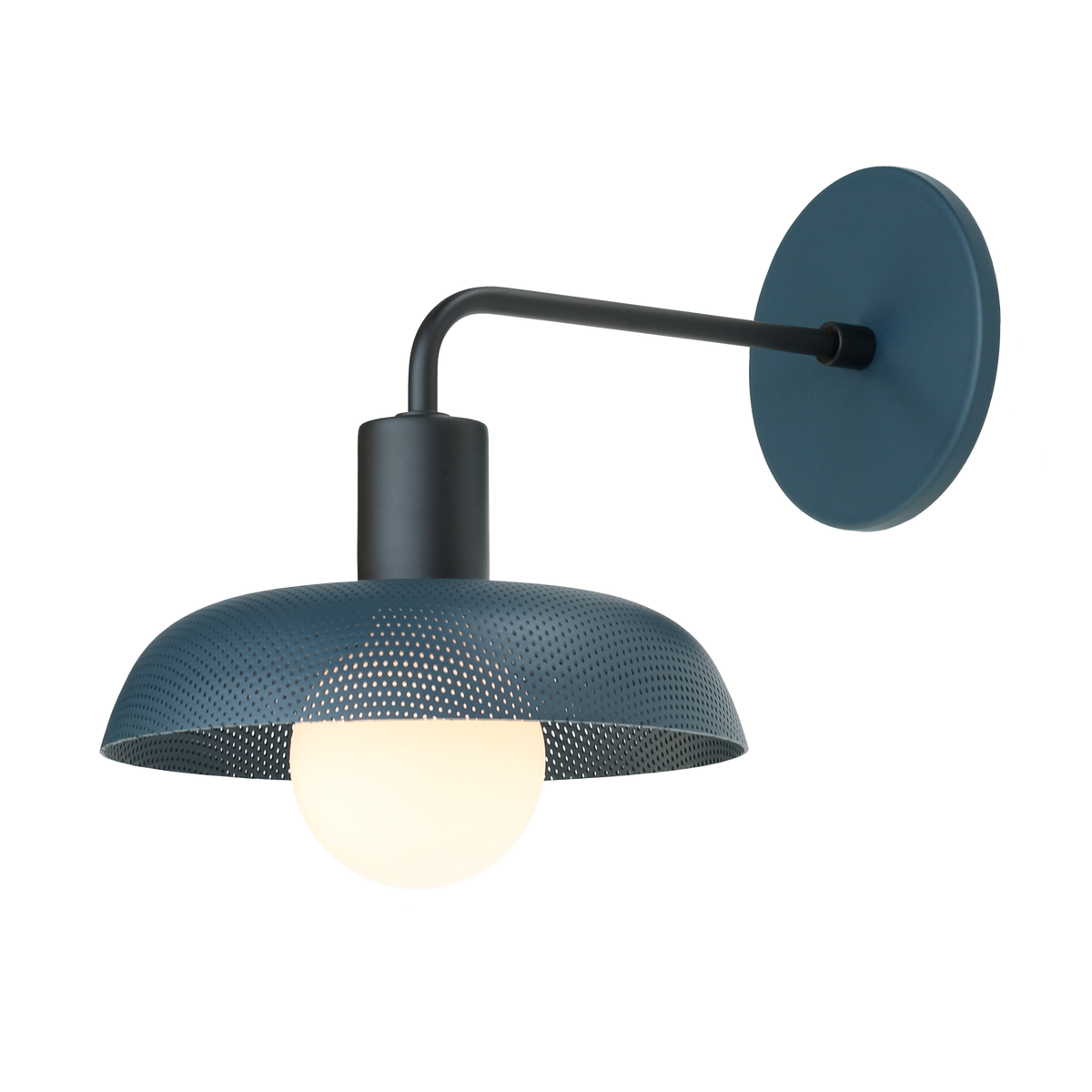 Sally Sconce shown with a Perforated shade in Ocean Blue and Matte Black fixture finish