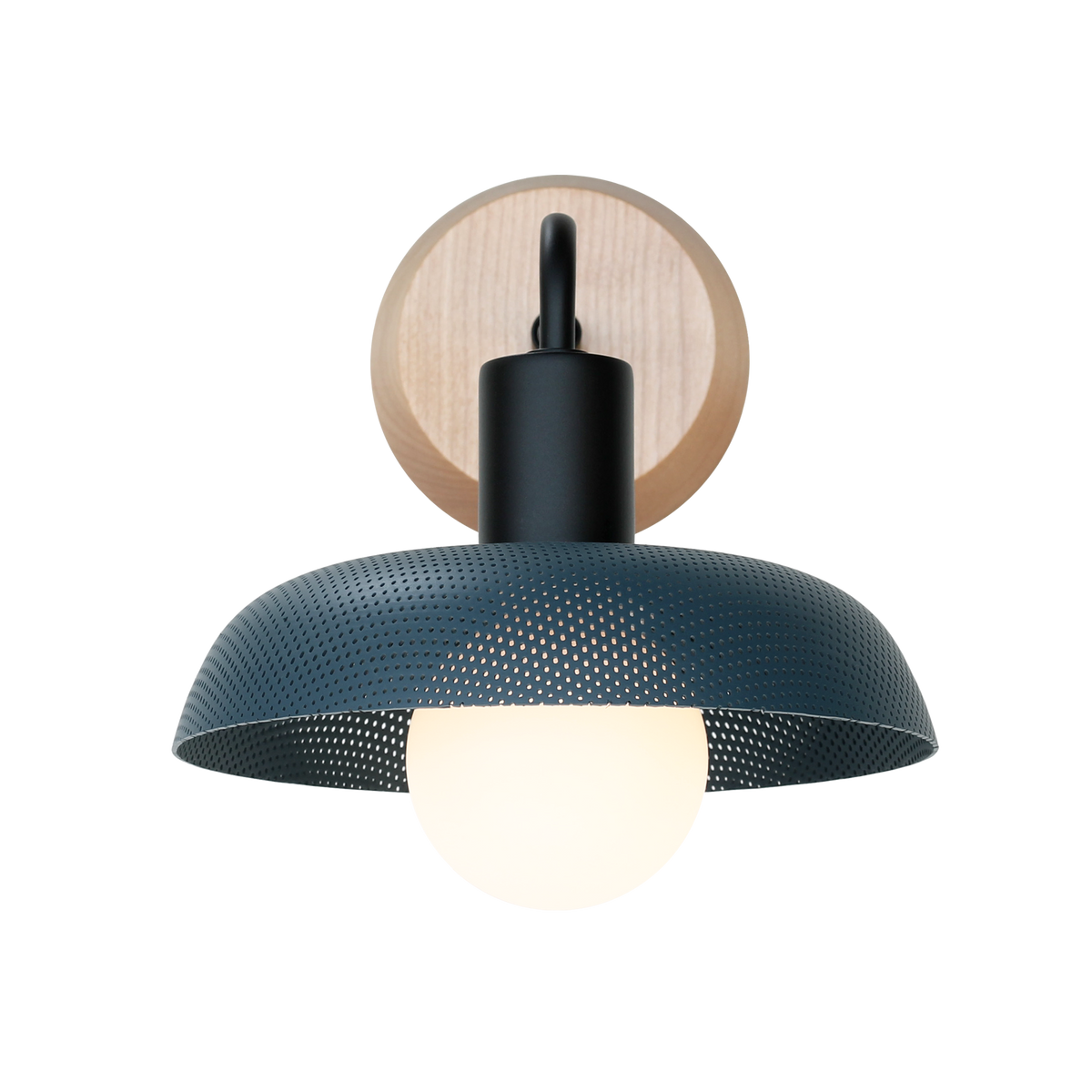 Sally Sconce with Wood Canopy shown in Ocean Blue with Matte Black fixture finish and Maple canopy