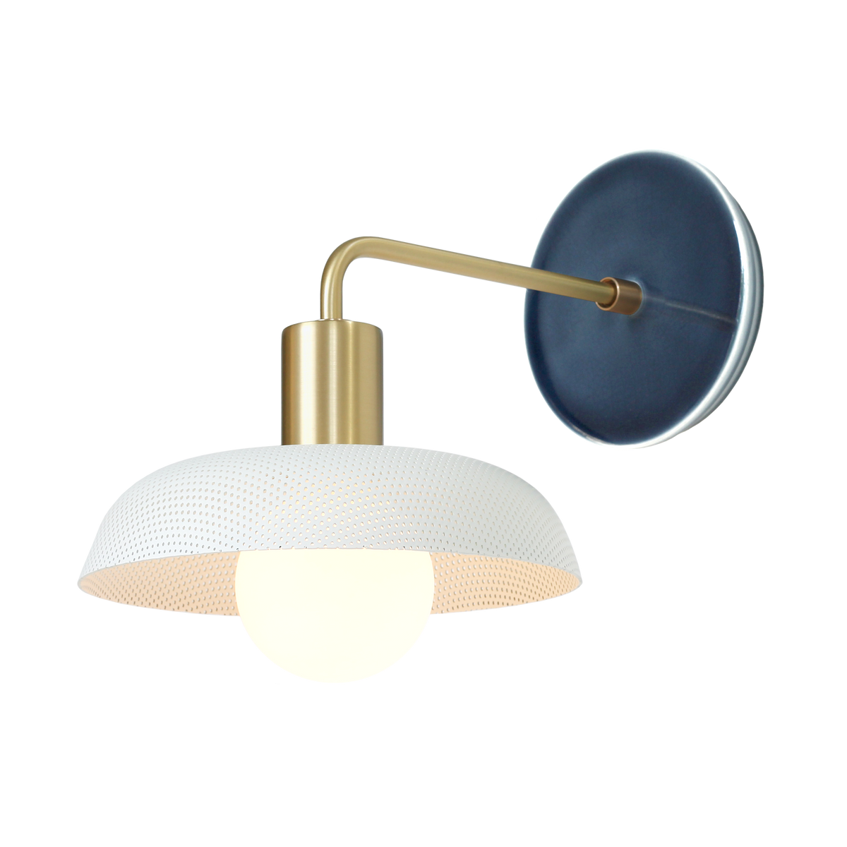 Sally Sconce shown with White perforated shade, Brass accent finish, and Indigo Blue Swift ceramic canopy