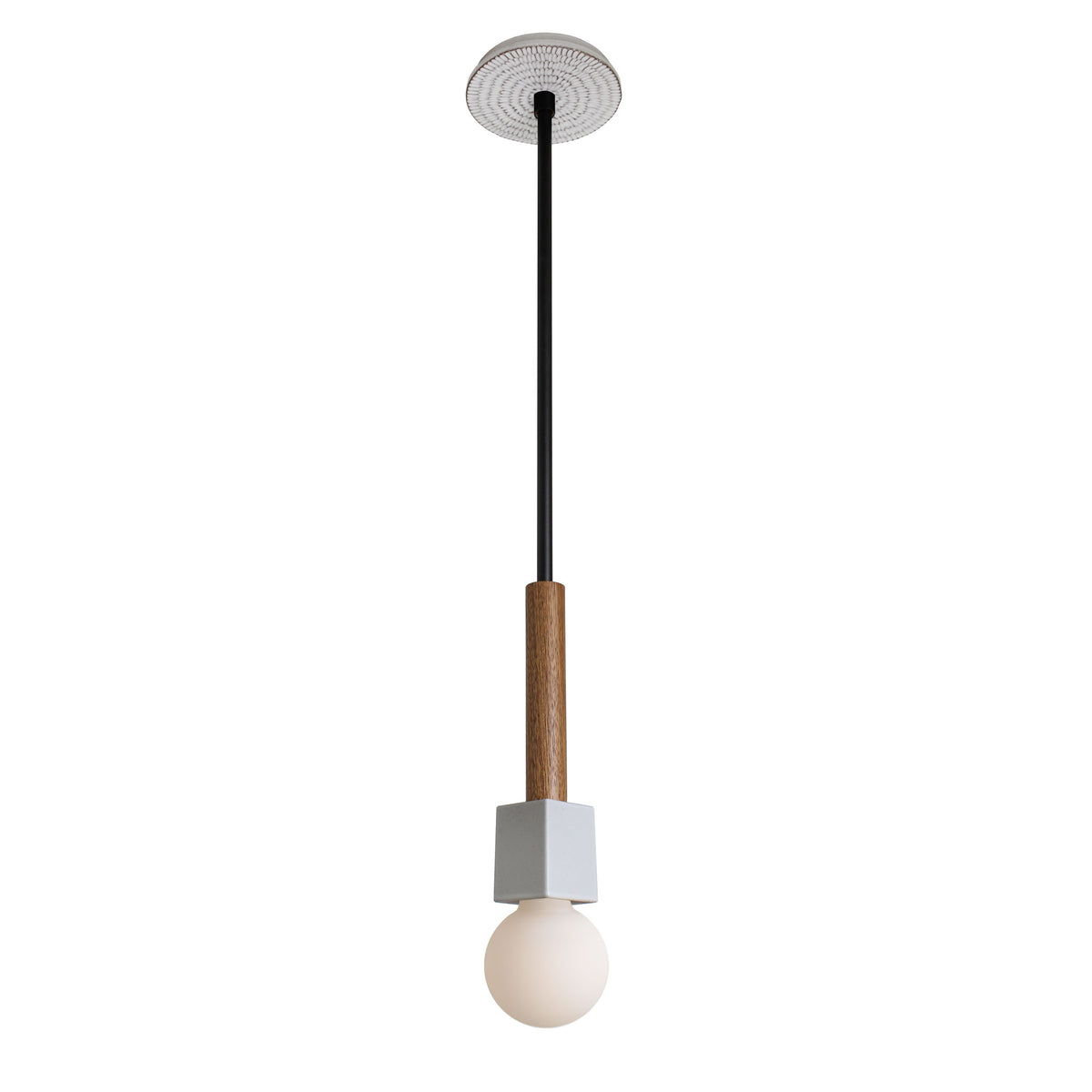 Seneca Pendant shown in Walnut with Sunflower pattern Brownstone White ceramic canopy