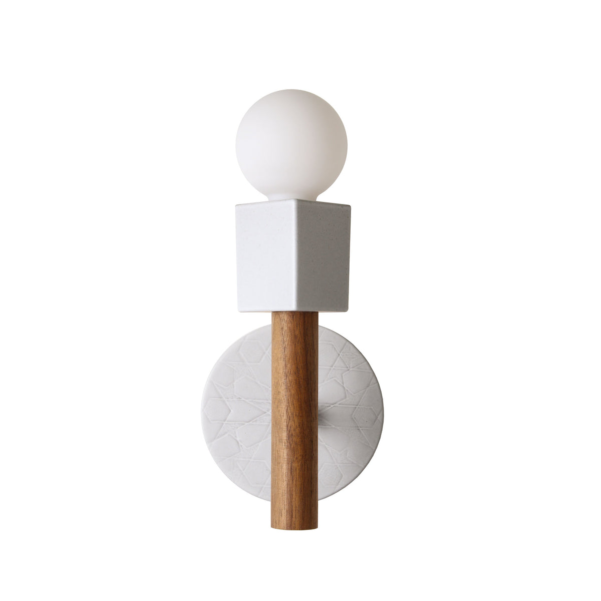 Seneca Sconce shown in with a star pattern Brownstone White ceramic canopy and Walnut