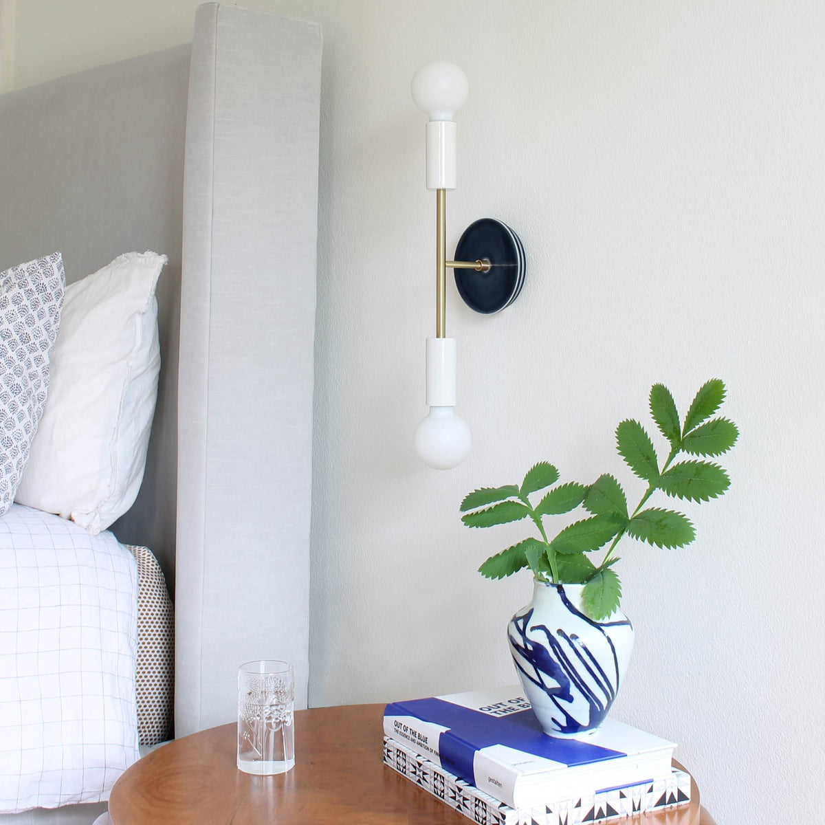 Venus with Ceramic Canopy shown in White with Brass with Swift ceramic canopy pattern in Indigo Blue