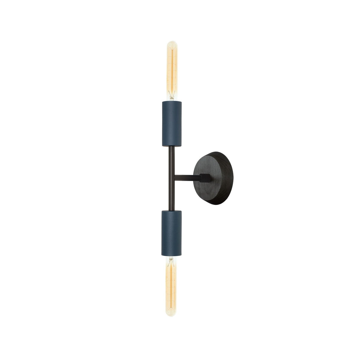 Venus Mini Sconce. Shown in Ocean Blue + Matte Black finish with Black Stained wood canopy addition. (T9 light bulbs shown, not included). Cedar and Moss