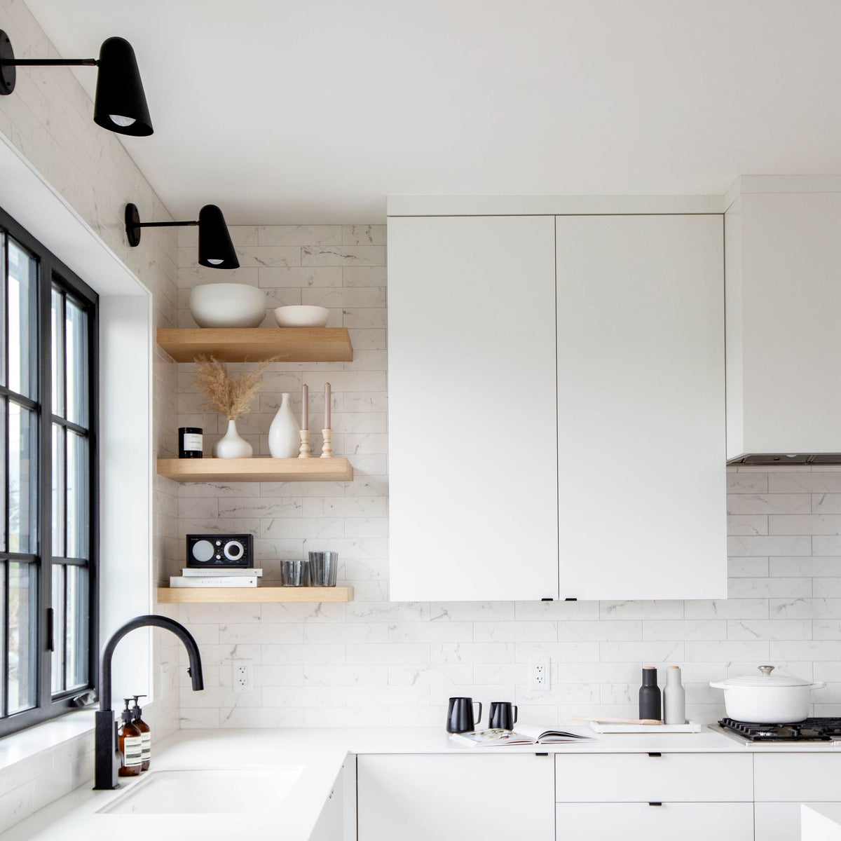 Wildwood with Wood Canopy shown in Matte Black. Interior Design by Rebecca Hepburn. Photo by Janis Nicolay 