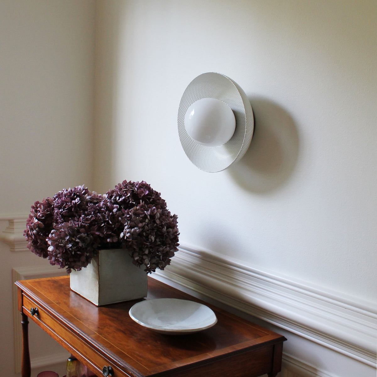 Lexi Large 6” shown with a Perforated shade in White and Walnut canopy