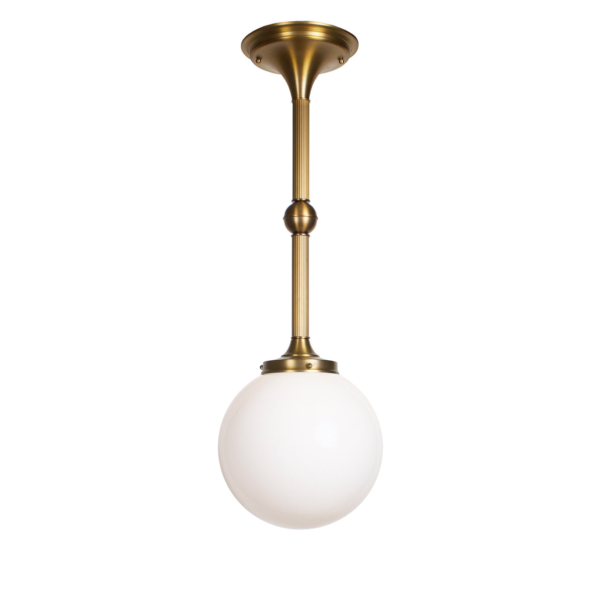 Cedar and Moss - Sorbonne Pendant with 10" Globe shown in Heirloom Brass at 28" Overall Length
