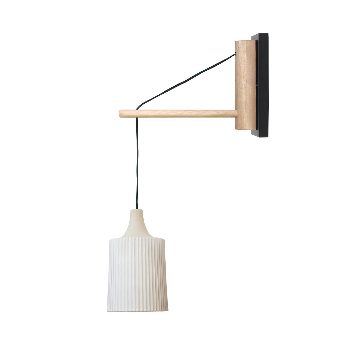 Tumwater 14" Wood Arm Sconce shown in Matte Black with Birch and a Black Hardwired Cord.