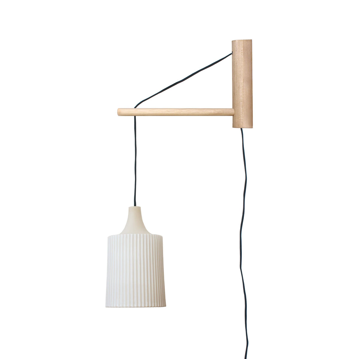 Tumwater 14" Wood Arm Sconce shown in Matte Black with Birch with a Black Plug-in Cord.