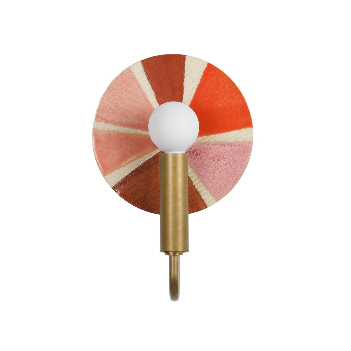 Edith ADA Sconce shown in Heirloom Brass with a Pink and Cream Sun Ray Ceramic Canopy